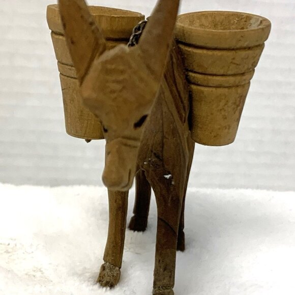 Hand Carved Wooden Mule Donkey Water Barrels Chain Rein Miniature Brown - Picture 9 of 9